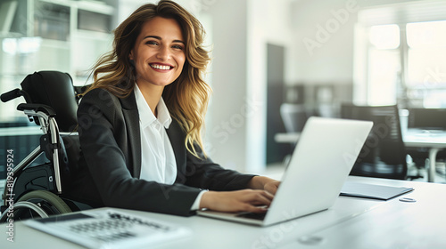 A young smiling disabled businesswoman using a wheelchair is working on her laptop in a modern bright office