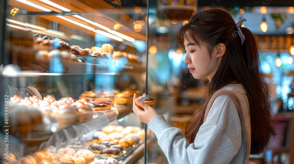 Young woman choosing pastries in a cozy bakery. The place is filled with delicious treats and a warm ambiance. Perfect for food photography. AI Young woman choosing pastries in a cozy bakery. The place is filled with delicious treats and a warm ambiance. Perfect for food photography. AI