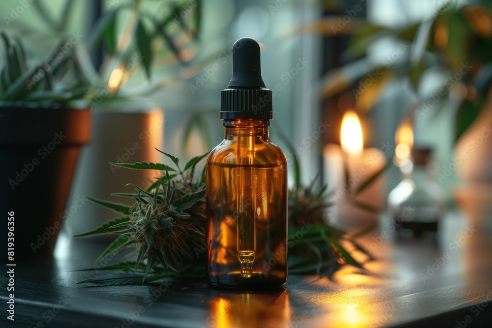 Dropper bottle without label of medical cannabis oil CBD in background of medical marijuana inflorescence on table next to flowers and lit candles. Mockup, template for design. CBD oil concept Dropper bottle without label of medical cannabis oil CBD in background of medical marijuana inflorescence on table next to flowers and lit candles. Mockup, template for design. CBD oil concept