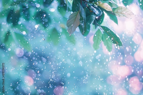Closeup of raindrops falling onto a lush green leaf