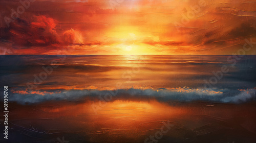 a mesmerizing image of a sunset over the ocean, where the sky is painted in hues of orange and red, and the calm waves reflect the fading sunlight, creating a romantic and serene ambiance © sabry