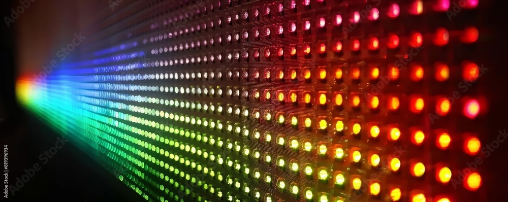 Close-up of a vibrant LED light panel displaying a colorful spectrum, creating a modern and dynamic visual effect. Perfect for tech and design themes. Close-up of a vibrant LED light panel displaying a colorful spectrum, creating a modern and dynamic visual effect. Perfect for tech and design themes.