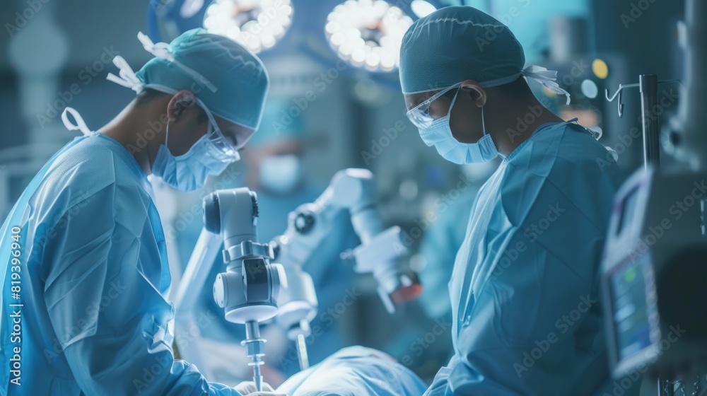 Two Surgeons Observing High Precision Programmable Automated Robot Arms
