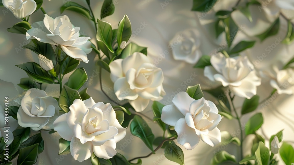 Elegant white flowers with lush green leaves arranged beautifully against a soft focus background, exuding natural charm and serenity. Elegant white flowers with lush green leaves arranged beautifully against a soft focus background, exuding natural charm and serenity.