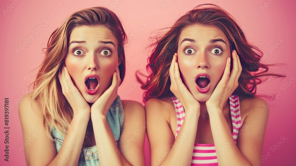 Two young women with shocked look on their faces Two young women with shocked look on their faces