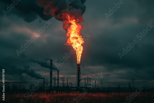 Industrial Gas Flare Stack at Dusk 
 photo