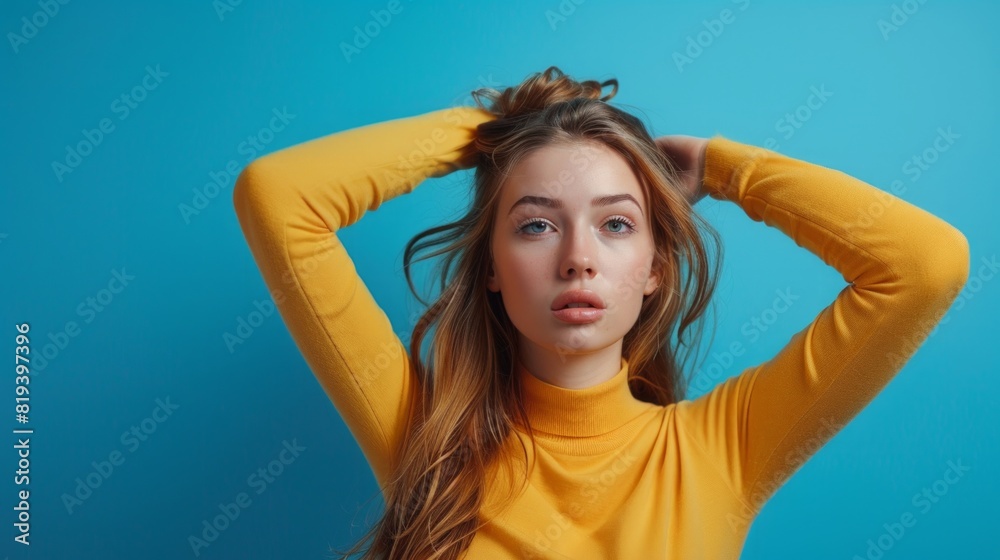 shocked face woman character with a classic hat on a blue background pretty girl model shocked face woman character with a classic hat on a blue background pretty girl model