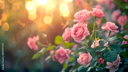 Fototapeta Naklejka Na Ścianę i Meble -  Beautiful pink roses in a sunlit garden. Romantic blooming flowers. Nature photography. Perfect for backgrounds and greeting cards. Captured with a stunning light effect. AI