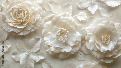 Elegant close-up of ivory-colored roses and lotus flowers, showcasing delicate textures and details in a minimalist floral arrangement background.