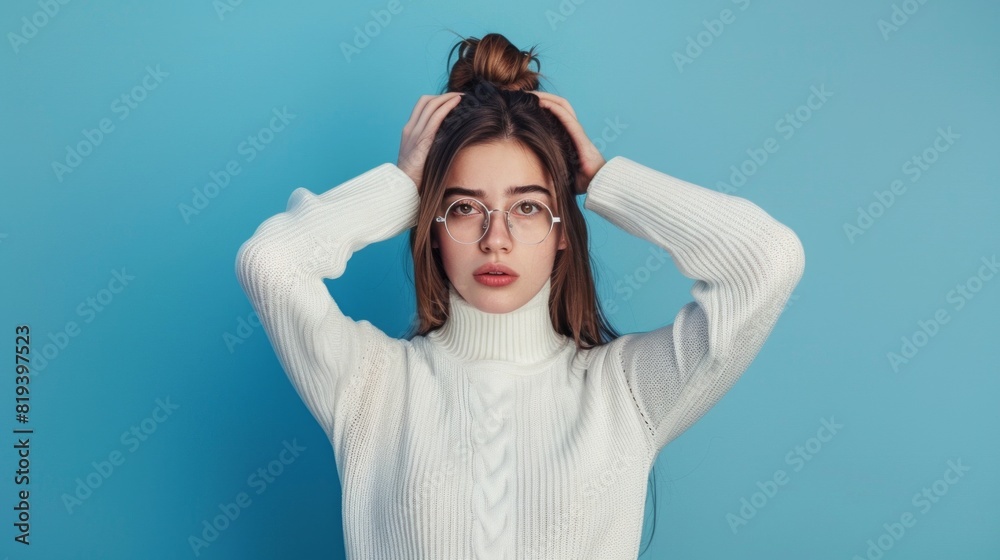 shocked face woman character with a classic hat on a blue background pretty girl model shocked face woman character with a classic hat on a blue background pretty girl model