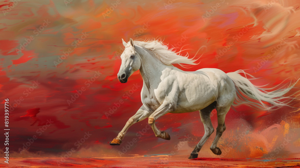 A white horse running in the style of an oil painting, with a red and orange abstract background A white horse running in the style of an oil painting, with a red and orange abstract background