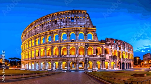 A stunning view of the illuminated Roman Colosseum at dusk. Historical architecture. Perfect for travel, education, and culture themes. AI