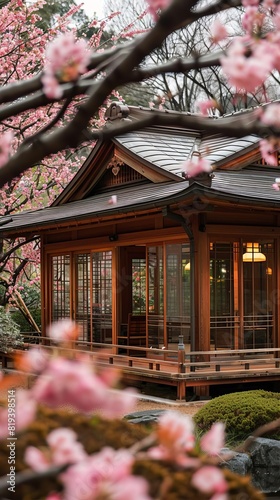 A traditional Japanese tea house surrounded by cherry blossoms, featuring sliding doors and tatami mats