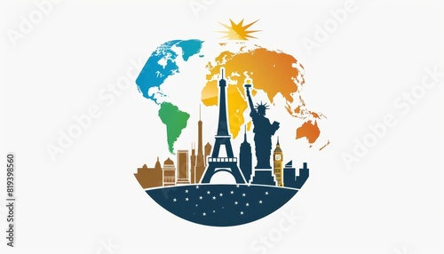 A travel agency logo featuring a globe with iconic landmarks like the Eiffel Tower and the Statue of Liberty around it