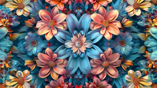 A vibrant  colorful  and intricate digital artwork featuring a symmetrical arrangement of various flowers in shades of blue  orange  and red.