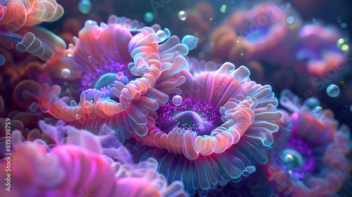 A colorful  abstract depiction of vibrant  luminescent underwater anemones with intricate details and mesmerizing patterns.