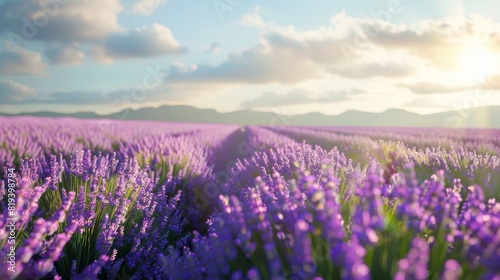 A breathtaking lavender field in full bloom under a picturesque sunset sky  with distant mountains in the background and fluffy clouds.