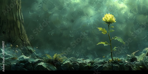 Stunning digital art of a single yellow flower thriving in a dark, mystic environment beside a tree illustrates nature's resilience. photo