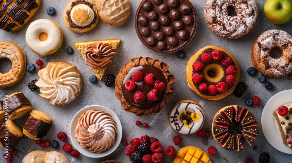 Various Desserts that are full on the table from the top view, cakes, donuts, and sweets, fruit, delicious bakery background Various Desserts that are full on the table from the top view, cakes, donuts, and sweets, fruit, delicious bakery background