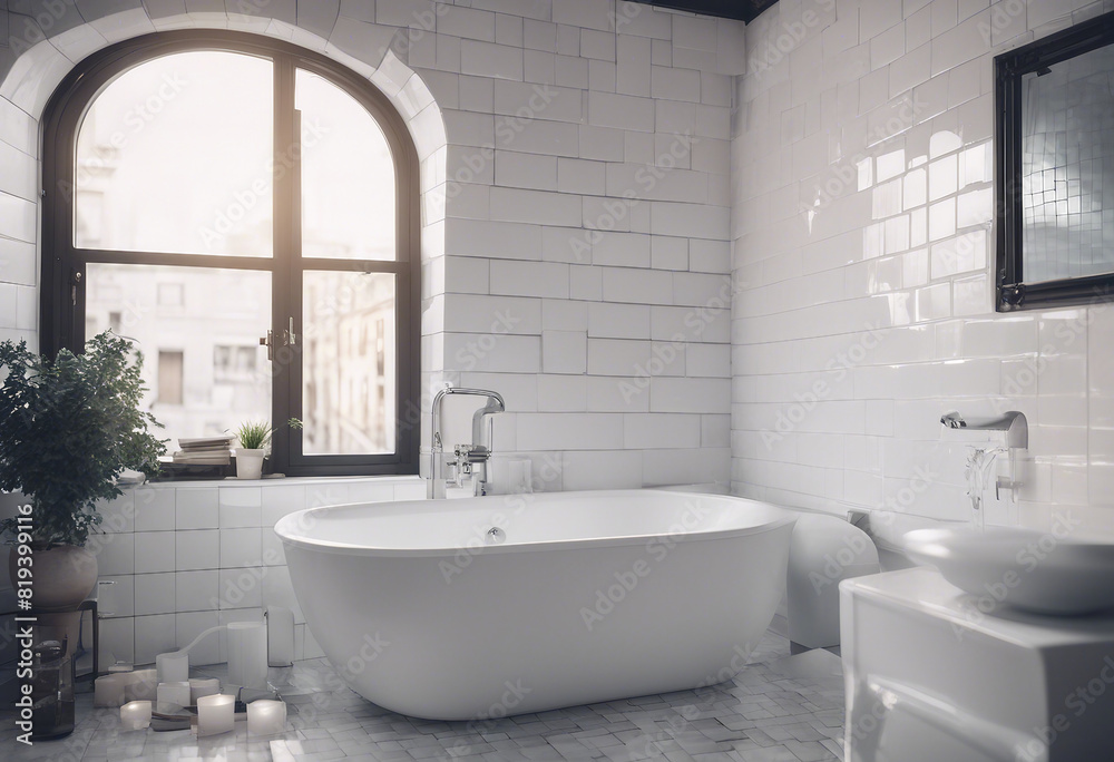 Loft white tile bathroom corner tub and sink Loft white tile bathroom corner tub and sink