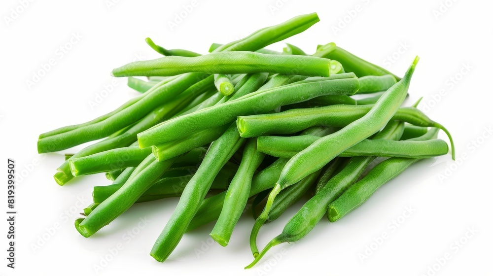 Advertising image of steamed green beans, close-up, isolated white background, studio lighting highlighting their vibrant green color and fresh appearance Advertising image of steamed green beans, close-up, isolated white background, studio lighting highlighting their vibrant green color and fresh appearance