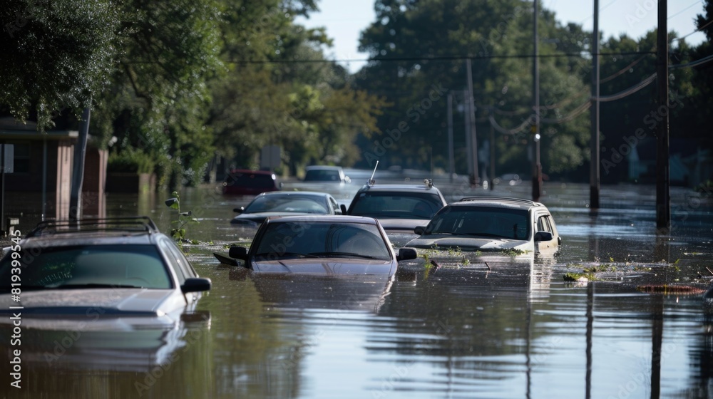 Vehicles submerged in floodwaters.
