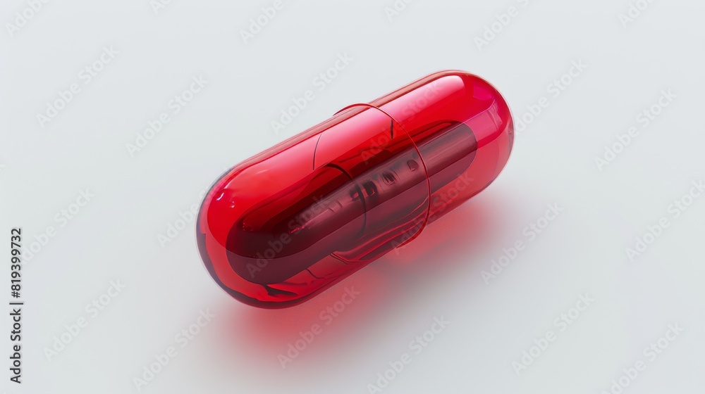 Close-up 3D render of a red pill capsule on a white background, isolated with precise studio lighting, designed for impactful advertising Close-up 3D render of a red pill capsule on a white background, isolated with precise studio lighting, designed for impactful advertising