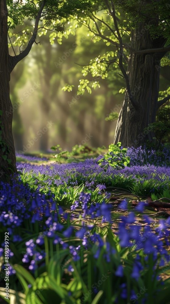 Obraz premium Serene forest path with vibrant bluebell flowers, sunlit leaves, and lush greenery, creating a peaceful and enchanting nature scene.