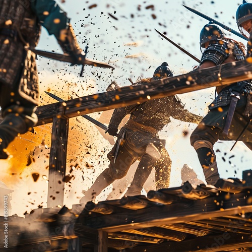 Close-up action scene on a wooden bridge  warriors engaged in a fierce battle  weapons in motion  sparks and debris flying