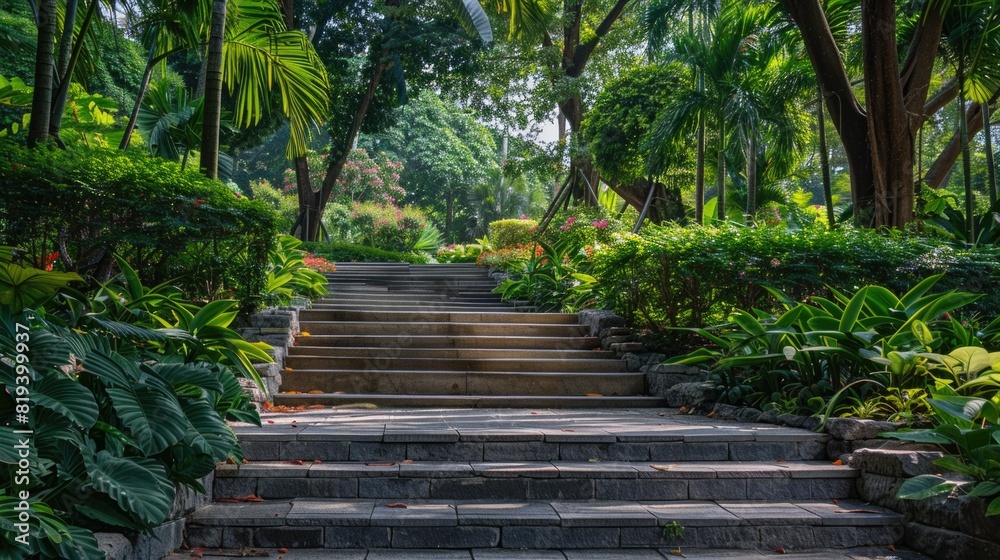 Obraz premium Vibrant Public Park with Lush Greenery and Stone Steps. Urban Oasis for Relaxation and Fun