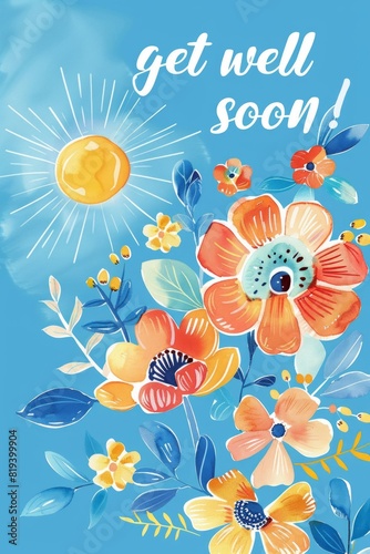 Greeting card Get well soon- cheerful flowers and sun image , an emotional support for sick person. Concept of health and recovery photo