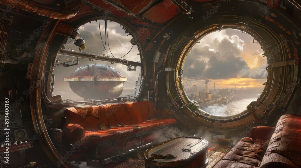 Fototapeta premium View from inside an airship, steampunk style