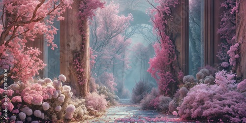 Blooming abandoned park with the ruins of an ancient civilization