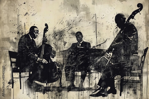 Vintage dark ink style, jazz quartet. photo
