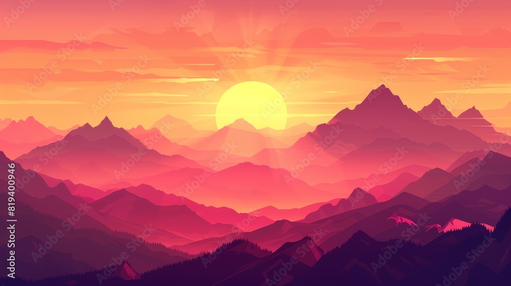 Close-up view of a stunning sunset over the mountains, vibrant orange and pink hues illuminating the sky, silhouetted peaks in the foreground