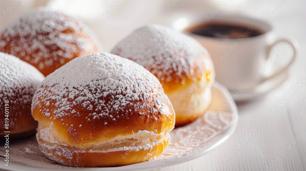 Close-up of breakfast scene with powdered sugar buns and coffee, isolated white background, professional studio lighting for advertising focus Close-up of breakfast scene with powdered sugar buns and coffee, isolated white background, professional studio lighting for advertising focus