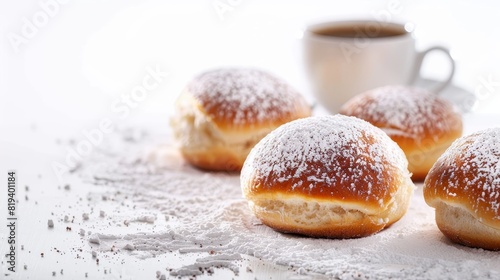 Close-up of breakfast scene with powdered sugar buns and coffee, isolated white background, professional studio lighting for advertising focus