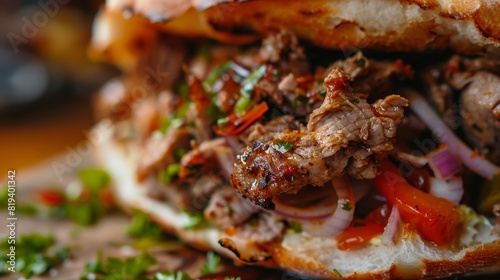 Close-up shot of a doner kebab, focusing on the tender, seasoned meat, crunchy vegetables, and soft bread, vibrant and mouth-watering photo