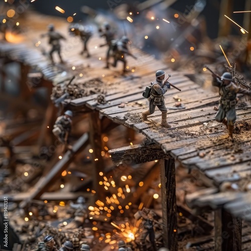 Close-up shot of a wooden bridge during an epic battle, soldiers fighting fiercely, debris and sparks enhancing the chaotic scene photo