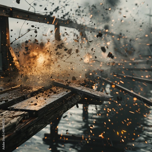 Close-up shot of a wooden bridge during an epic battle, soldiers fighting fiercely, debris and sparks enhancing the chaotic scene photo