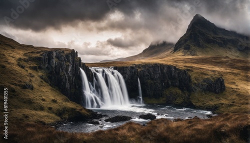 cinematisch aussehende landschaft mit traumhaften wasserfall