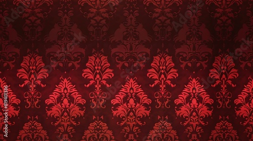 Red damask seamless pattern background wallpaper, textile, packaging, floral baroque pattern, © lisa