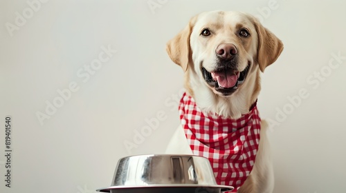 Happy Labrador Retriever in a red bandana waiting for mealtime. Portrait of a friendly dog with a shiny coat. Ideal for pet lovers. AI