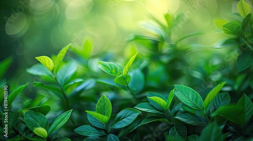 A close-up view of green plants and leaves with a blurred background photo