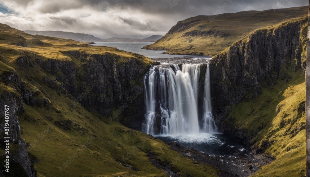 cinematisch aussehende landschaft mit traumhaften wasserfall, island, irland schottland cinematisch aussehende landschaft mit traumhaften wasserfall, island, irland schottland