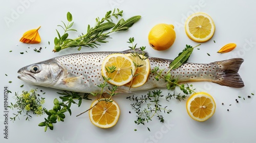 A fish adorned with lemon and herbs against a pristine white backdrop