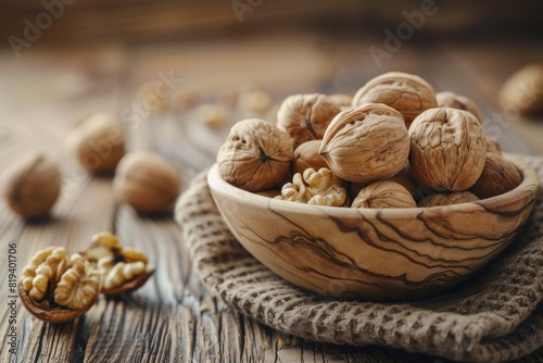 Walnuts in a bowl on wooden background, healthy foods concept.
