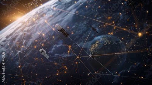 Detailed close-up of satellites in a celestial network, linked by luminous lines, against the vastness of space, showcasing advanced space communication