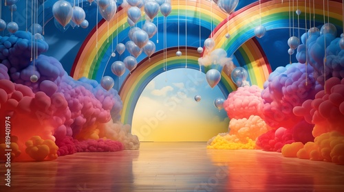 A vibrant and whimsical landscape featuring rainbows, dreamy clouds, and floating balloons, creating a magical fantasy environment. photo