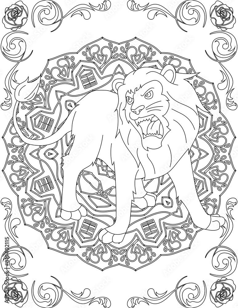 Lion on Mandala Coloring Page. Printable Coloring Worksheet for Adults and Kids. Educational Resources for School and Preschool. Mandala Coloring for Adults
